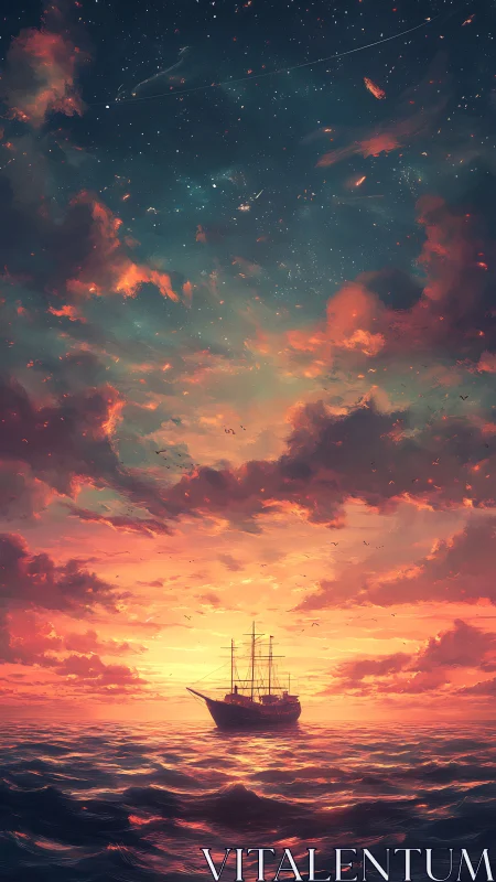 Silhouetted ship on ocean under dense sunset sky field.