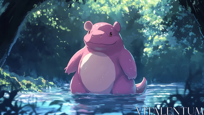 Gentle pink creature stands serene in a sunlit forest pool