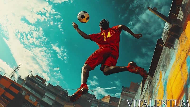 Photorealistic urban football jump under dramatic teal sky.