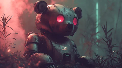 Rustic robotic bear with illuminated eyes in misty forest.