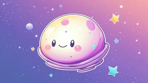 Smiling pastel planet character floats in stylized outer space