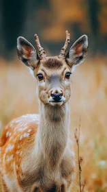 Young spotted deer standing alert in soft autumn field.