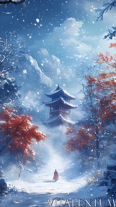 Solitary wanderer approaches snowbound mountain pagoda
