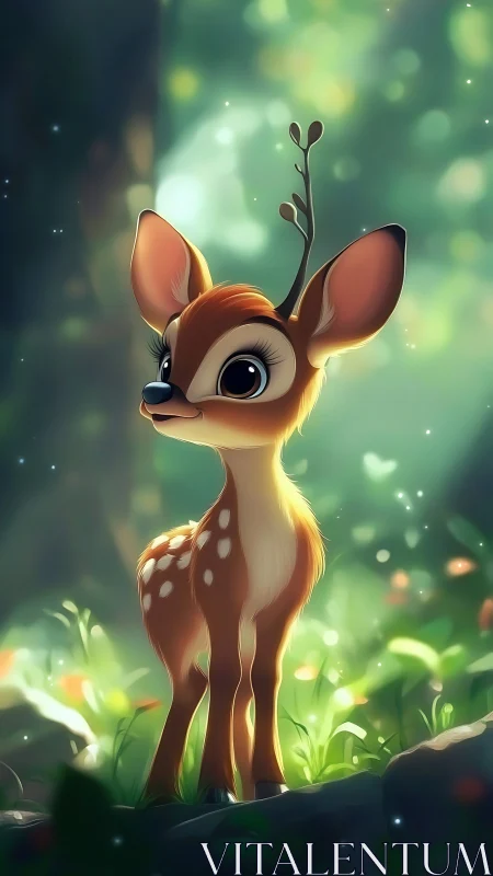 Gentle fawn in luminous forest glade, soft bokeh light.
