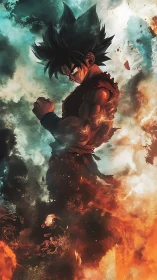 Character stands amid contrasting smoke and fire plumes