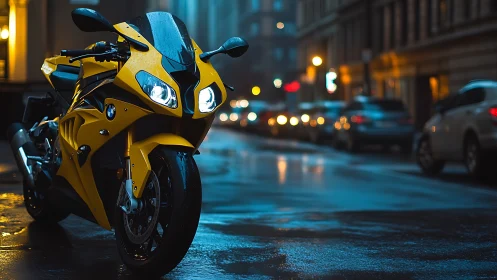 Midnight yellow superbike humming over rain-glossed city streets.