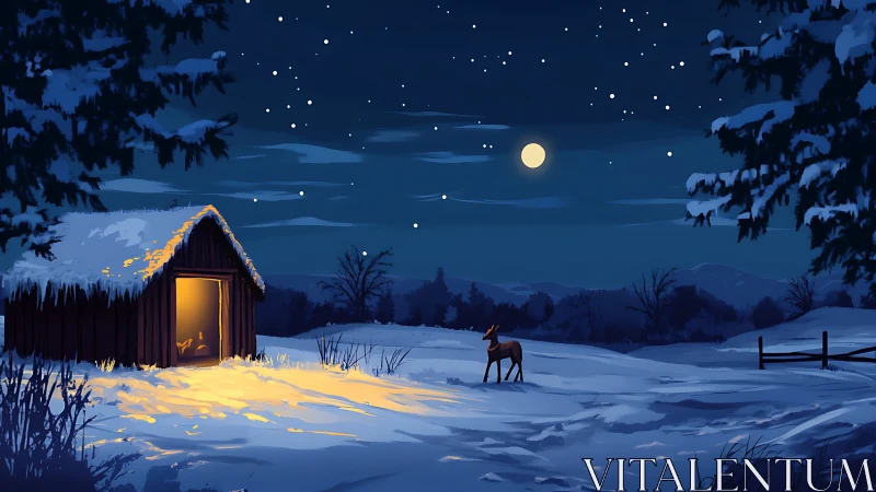 Snow-covered cabin and lone deer under clear winter night sky.