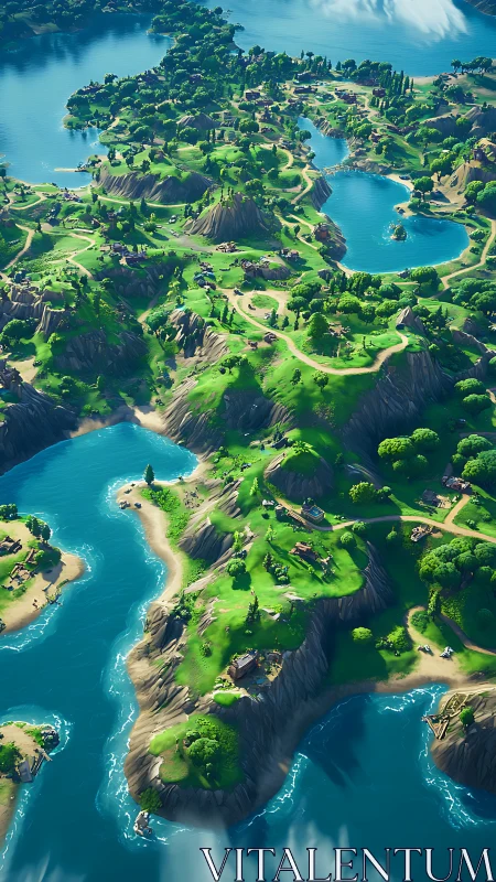 Emerald Islands Aerial Landscape: Turquoise Lakes and Verdant Terrain.