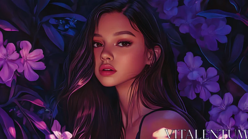 Neon-lit portrait of young woman amid violet florals uses rim lighting