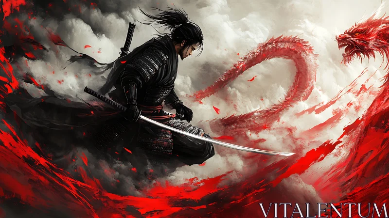Samurai duelist faces crimson dragon amid storming clouds.