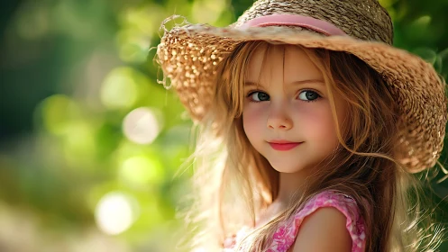 Young girl in straw hat against soft green background.