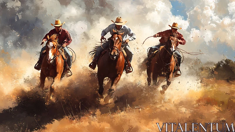 Three cowboys on horseback riding across dusty plain.