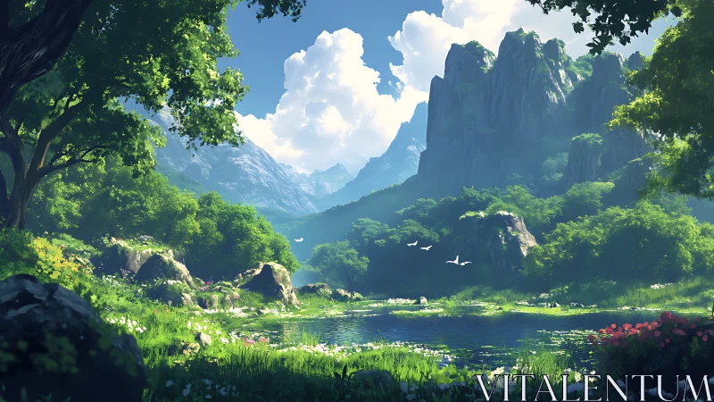 Emerald valley sanctuary beside crystal pond in dreamlit noon.