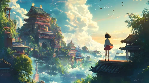 Sunlit sky city vistas with lone girl on rooftop terrace.