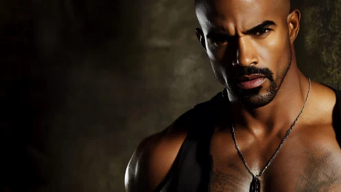 Intense portrait of muscular man in dramatic low key lighting.