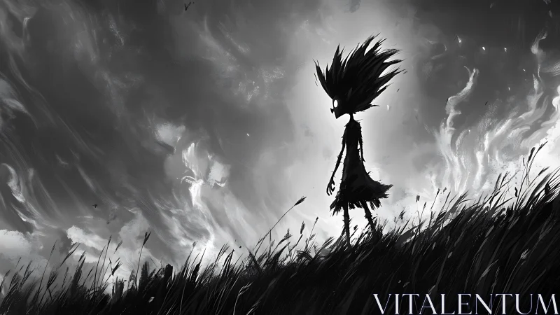 Silhouetted spectral child against storm swept monochrome sky.