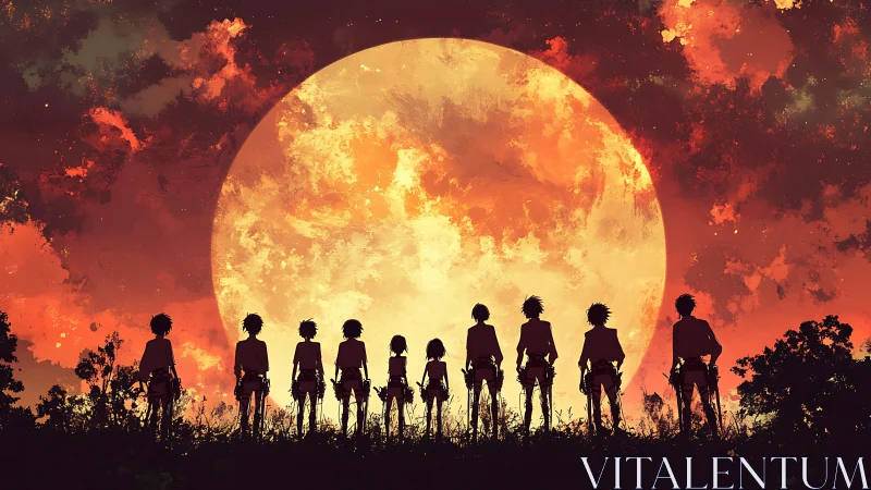 Silhouetted figures before oversized moon in red sky.