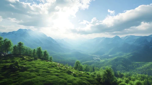 Sunlit mountain valleys drift beneath a bright waking sky