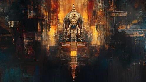 Intricate temple-like idol rendered in layered abstract digital textures