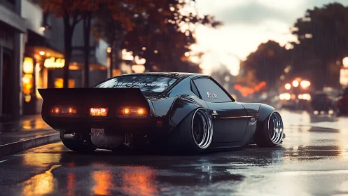 Widebody tuner coupe in rainy urban street-lens rendering.
