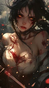 Bloodstained female warrior with glowing eyes holds weapon
