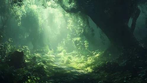 Enchanted Forest Sanctuary Glowing with Magical Green Light
