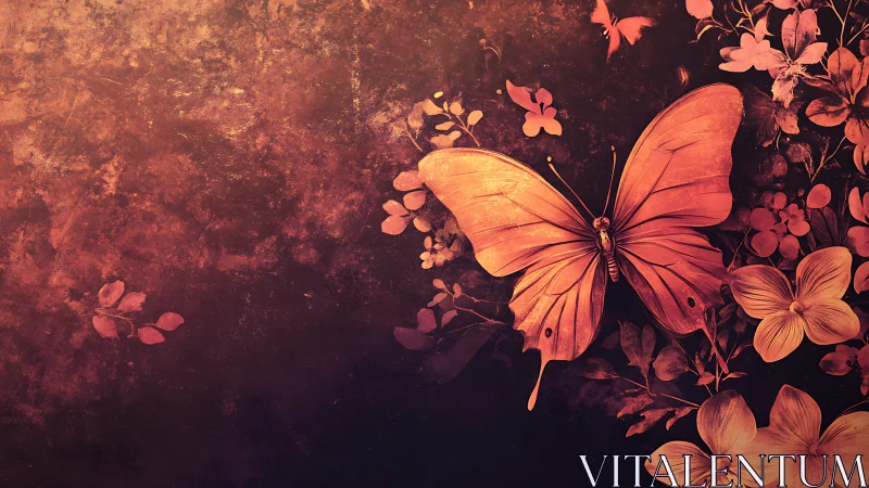 Copper-toned lepidopteran over floral grunge diffusion field.