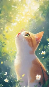 Orange and white cat in sunlit meadow with soft foliage backdrop.