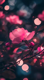 Pink rose glows with bokeh lights.