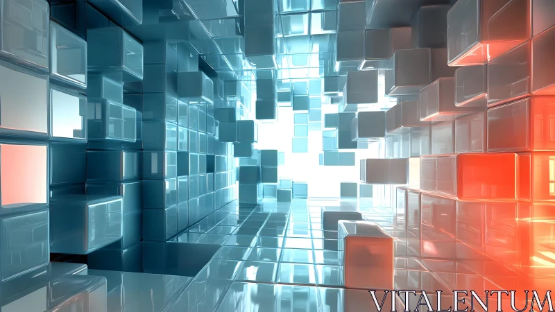 Futuristic glass cubes corridor with blue and orange lighting effects.