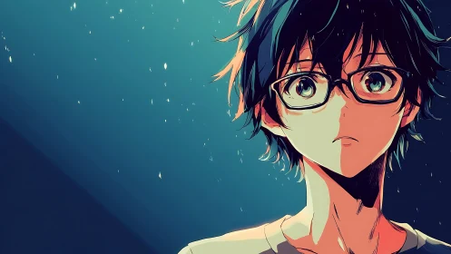 Melancholic anime boy with glasses in teal glow.