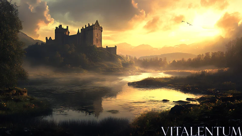 Golden castle at sunset beside a quiet misty river.