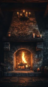 Medieval Fireplace with Active Flames and Candle Arrangement.
