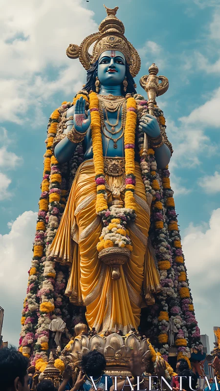 Towering festival deity statue draped in floral garlands.
