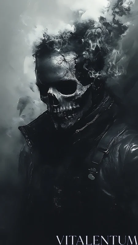 Digital painting of smoking skull figure in dark leatherscape.