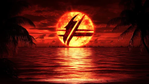 Fiery logo sun sinks over neon-red tropical shoreline.