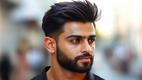Handsome bearded man gazes ahead in soft urban daylight