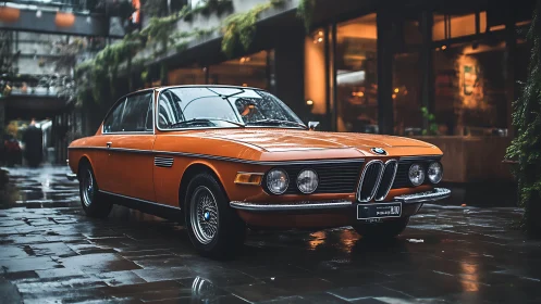 Photorealistic vintage BMW coupé on wet urban street scene.