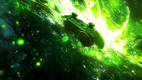 Glowing green game controller surges through liquid energy