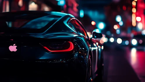 Sleek black sports car with glowing logo in neon city street.