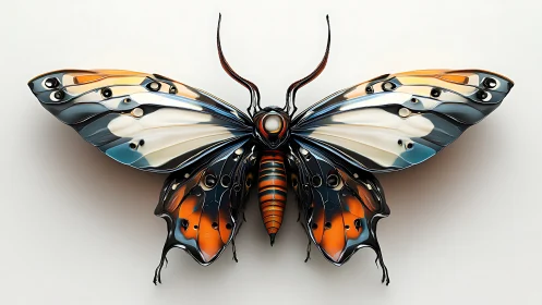 Mechanical butterfly sculpture shows glossy segmented wings