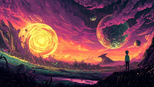Wonder-struck traveler beneath swirling alien skies.