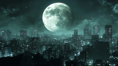 Moonlit megacity skyline glows softly under a colossal lunar rise