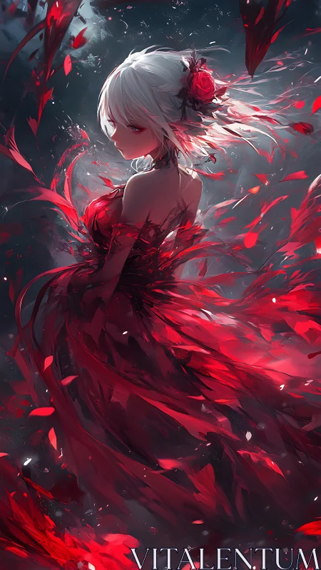 White haired anime girl in swirling red feathered dress.
