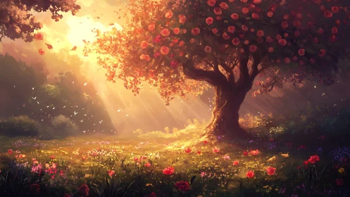 Sunlit rose tree dreaming in a glowing forest meadow.