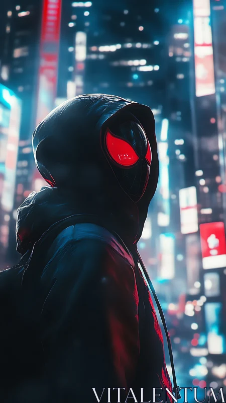 Hooded neon vigilante watches over a futuristic city night