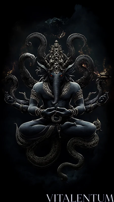 Dark multi-armed elephant deity with coiled serpents and ornate crown