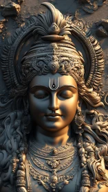 High-relief 3D render of ornate serene Hindu deity bust