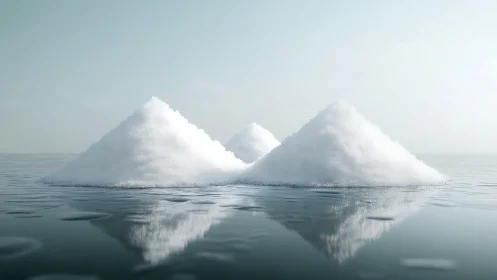 Calm snowlike mounds resting gently on a glassy blue sea.