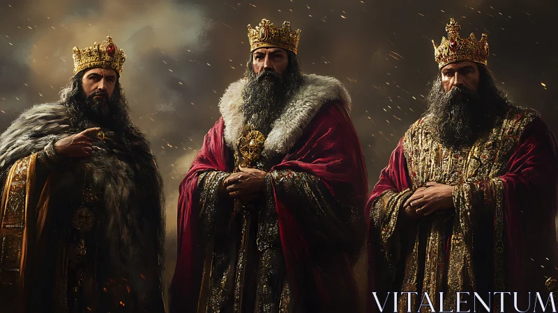 Regal triad of crowned kings in ornate velvet and gold robes.